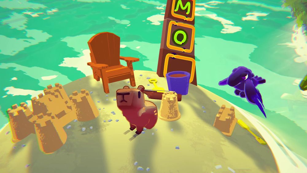 A screenshot from the upcoming cozy game co-op adventure, Capy Castaway. Capy and Corvi are on a very small sand island, surrounded by sandcastles. There's a lounge chair, plastic bucket and shovel, and a neon palm tree in the background.