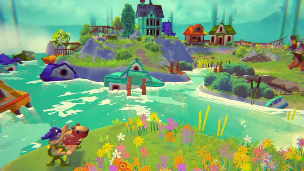 A screenshot from the upcoming cozy game co-op adventure, Capy Castaway. Capy and Corvi sit on a bench in front of multicolored flowers, with flooded homes in water and houses on a hill in the background.
