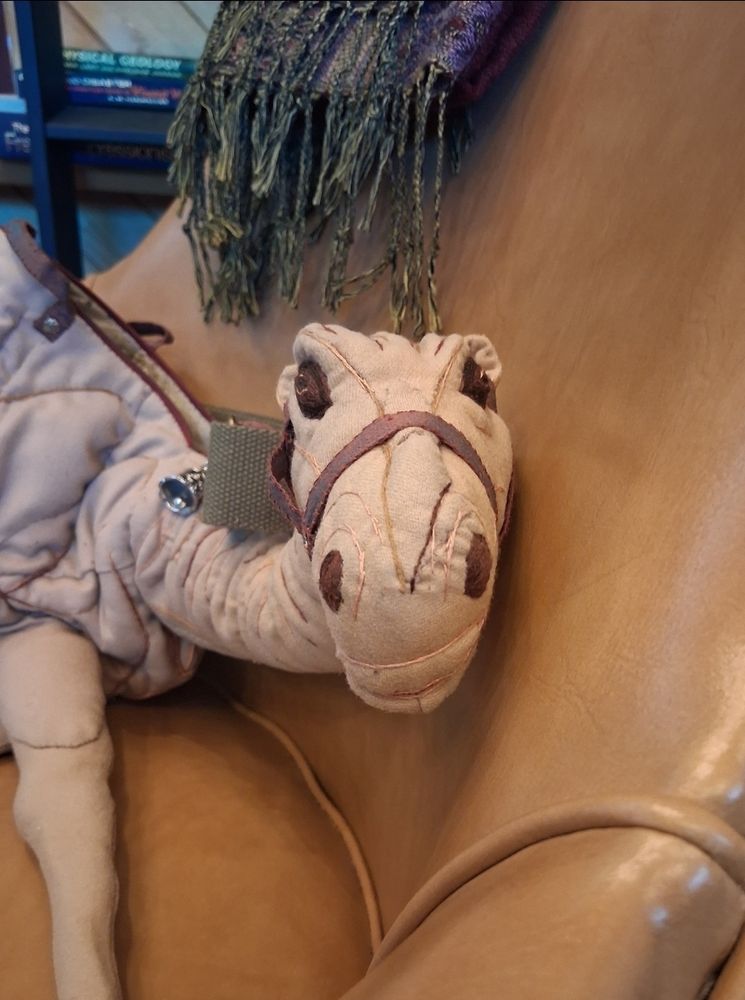 Portrait photo of a hand-stiched, stuffed camel with a matching expression. 