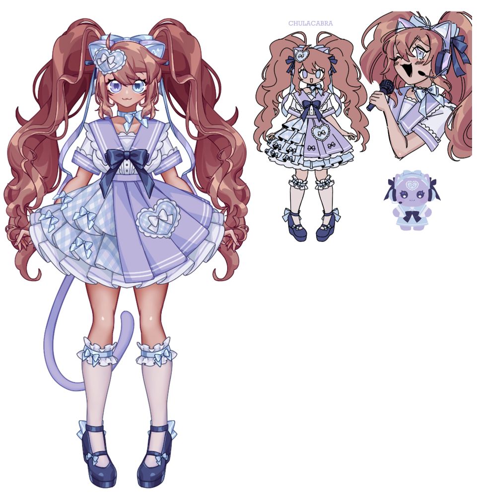 A Vtuber model with long, curly brown pigtails, heterochromia with a lavender left eye and a pastel blue right eye, and pastel blue and lavender cat-ear headphones. She wears a blue, purple and white idol-style seifuku with a purple short-hair cat tail, knee-high white socks, and dark blue shoes. She has a significant amount of ribbons and bows throughout the design, and a lacy hear hairpiece. The art also includes a purple cat plushie reference wearing a similar seifuku outfit.