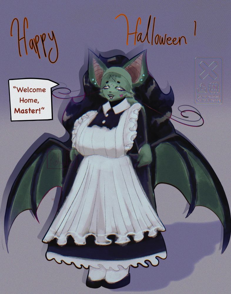 Boba  in a long maid dress saying "Welcome Home Master!"