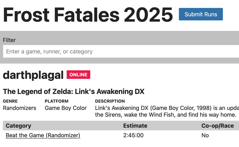 A screenshot of my Link's Awakening DX Randomizer run submission for GDQ Frost Fatales 2025.