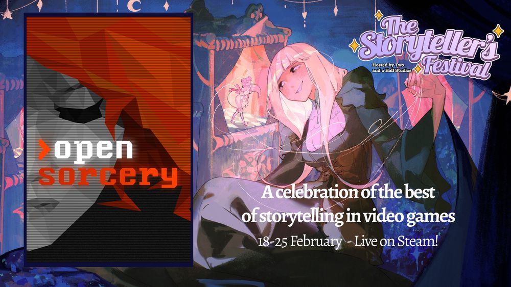 In the background, a smiling woman puppeting a marionette, who seems pleased to be animated. In the foreground the face of a woman with vivid red hair and closed eyes. The words 'open sorcery' displayed next to her.