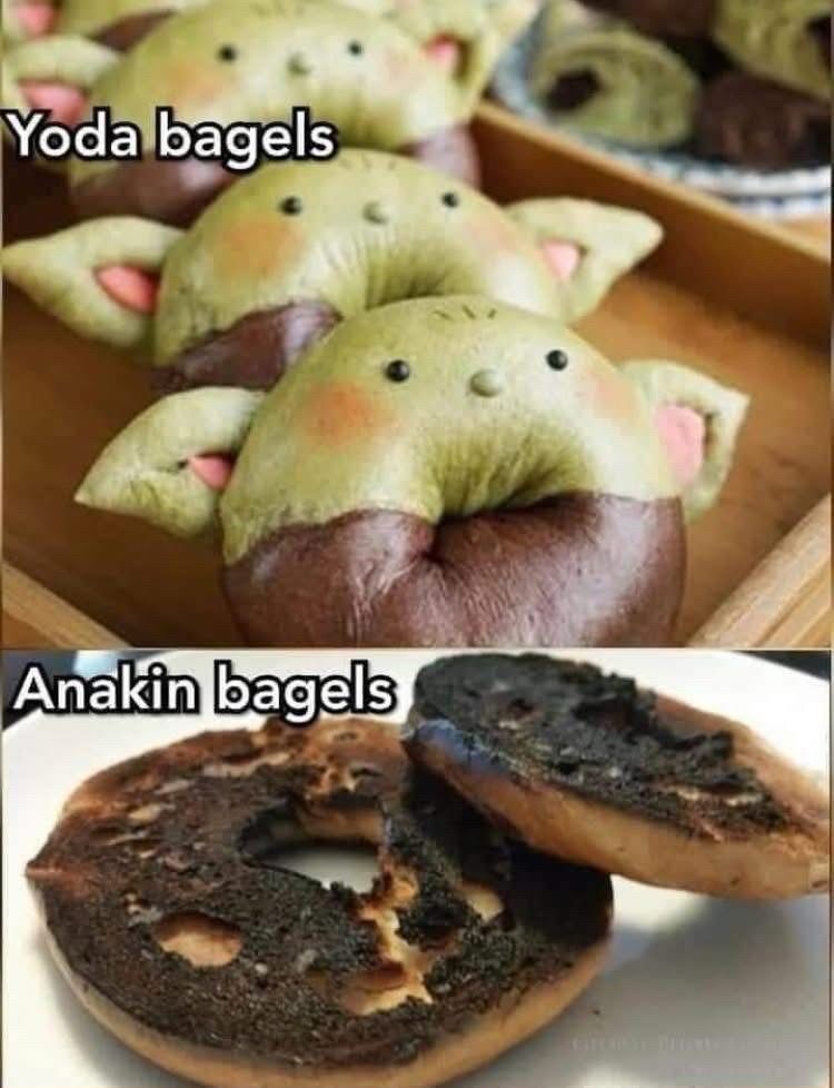 Yoda bagels (green bagels with ears that look like Yoda)
Anakin bagels (burned bagels)