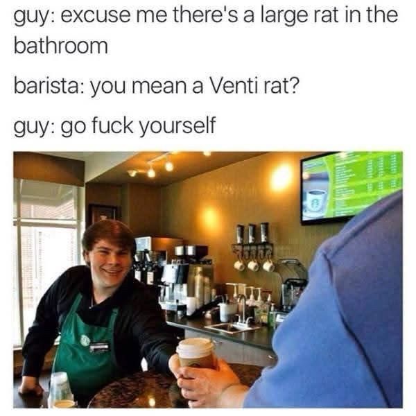 (At a Starbucks)

guy: excuse me there's a large rat in the bathroom
barista: you mean a Venti rat? 
guy: go fuck yourself