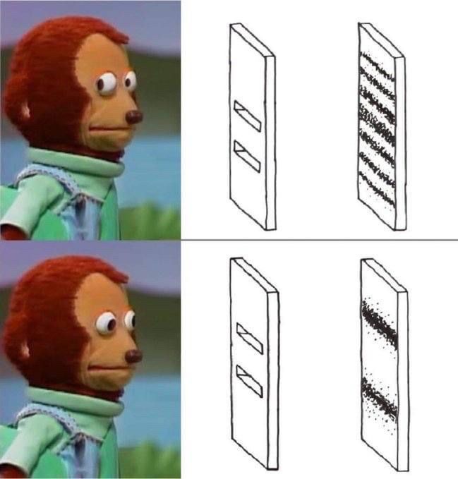 (Double slit experiment.  Dude only sees 2 bands when he “looks” at the result)
