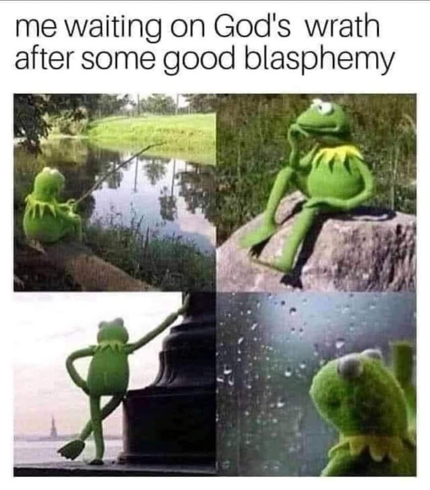 me waiting on God's wrath after some good blasphemy
(Kermit fishing, relaxing, and looking out the window)