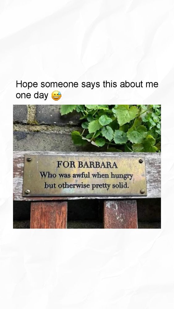 Hope someone says this about me one day
(Sign on a bench by a brick wall)
FOR BARBARA
Who was awful when hungry but otherwise pretty solid.