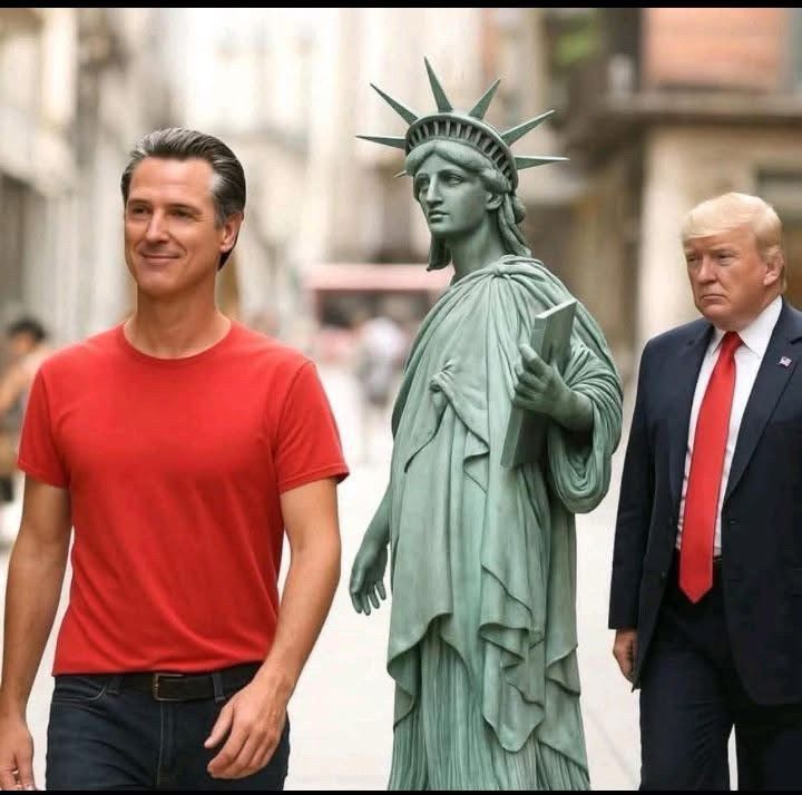 (Statue of Liberty gazing at Gavin Newsom wearing a red shirt, as Trump looks on with dismay)