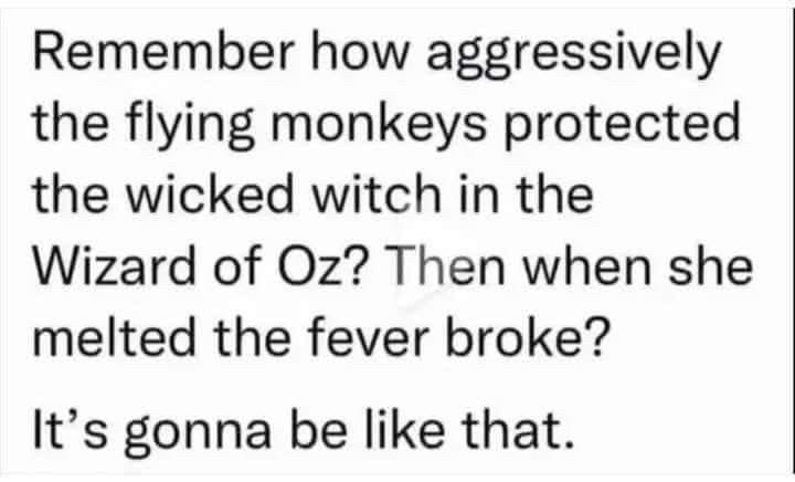 Remember how aggressively the flying monkeys protected the wicked witch in the Wizard of Oz? Then when she melted the fever broke? It's gonna be like that.