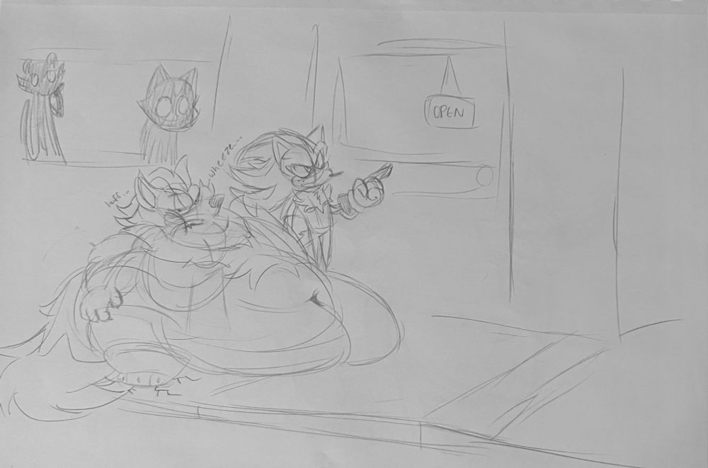 Mephiles the Dark leading an obese Infinite the Jackal down the sidewalk, cement cracking under his weight. Onlookers are surprised at the scene before them