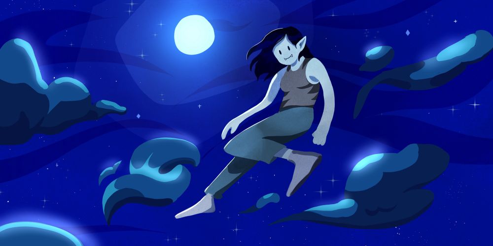 Marceline The Vampire Queen from Adventure Time, she is floating in the night sky illuminated by the moon. She has a slight smile looking at the viewer.