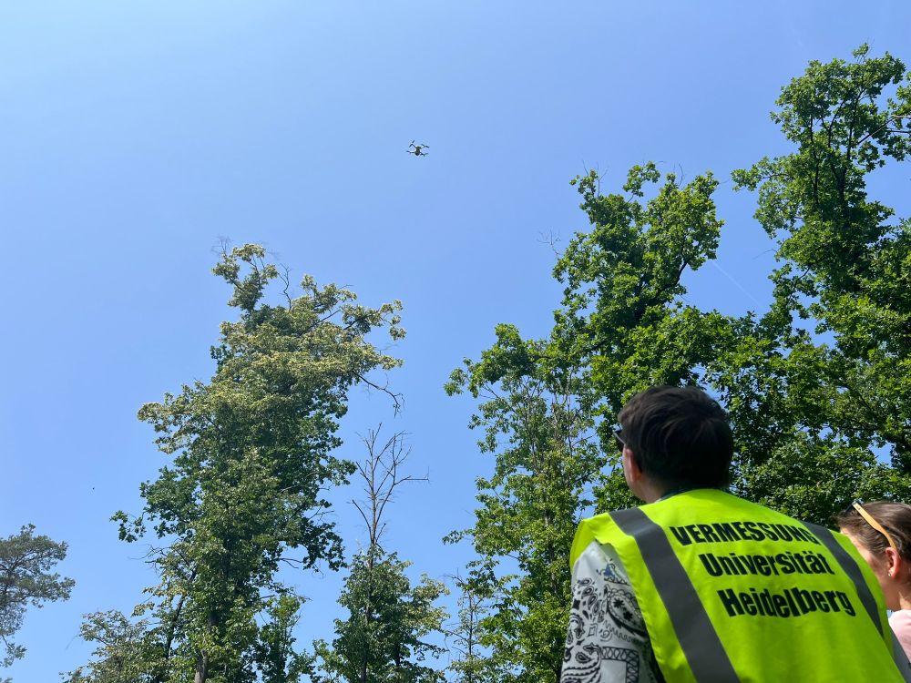 A student from the back looking into the sky at a drone above the tree canopy. He is wearing a warn west stating "Vermessung Universität Heidelberg" (EN: Surveying Heidelberg University)