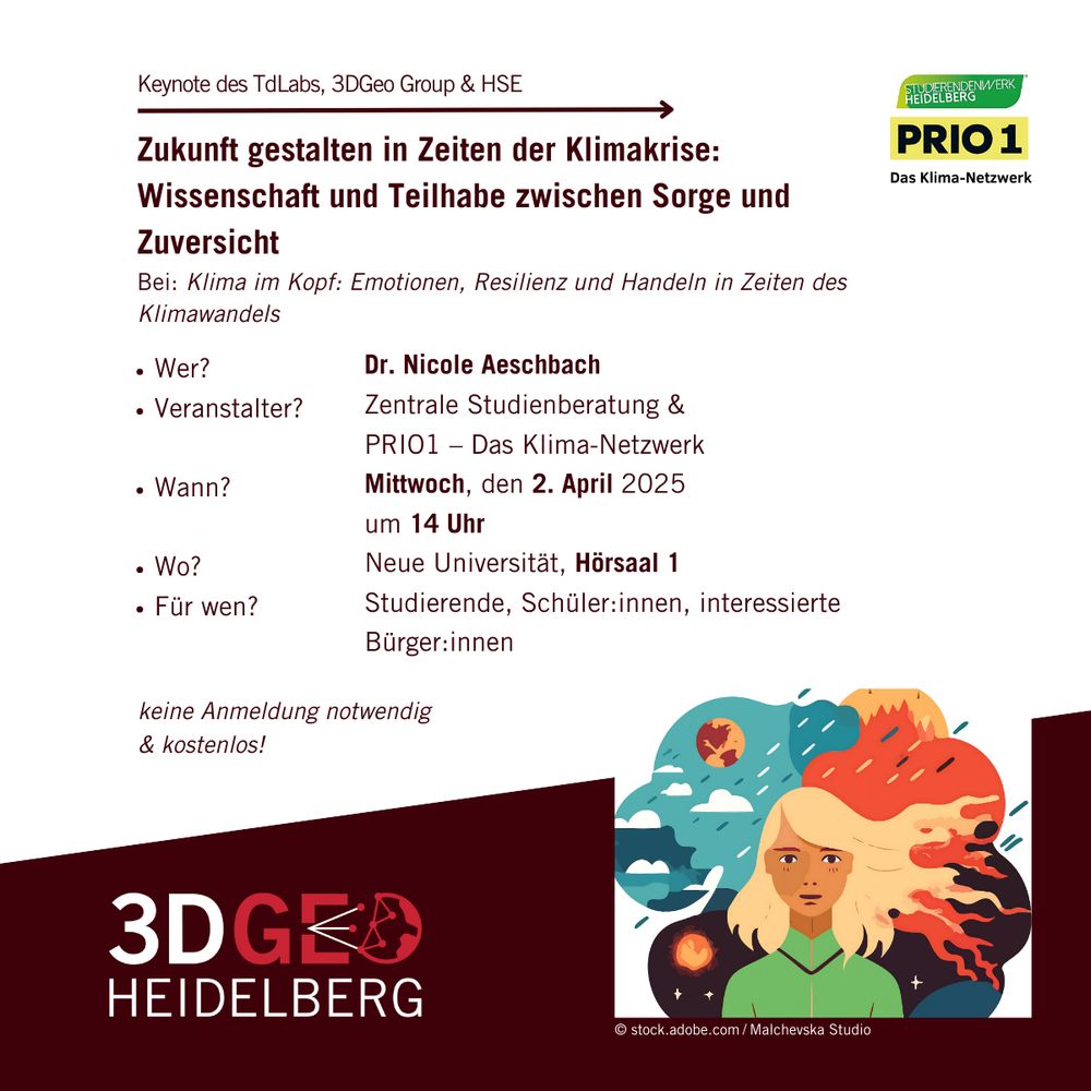 3DGeo-Sharepic zur Keynote: "Zukunft gestalten in Zeiten der Klimakrise: Wissenschaft und Teilhabe zwischen Sorge und Zuversicht" mit den wichtigsten Eckdaten (siehe main Post).