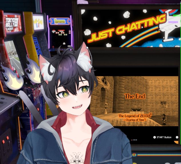 cute catboy next to an arcade cabinet showing the end screen of ocarina of time
