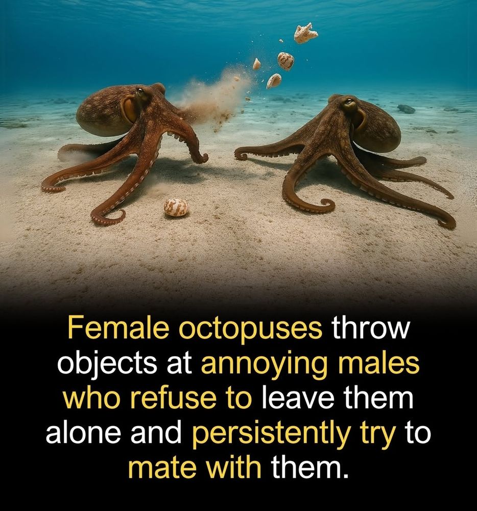 'Female octopuses throw objects at annoying males who refuse to leave them alone and persistently try to mate with them'
