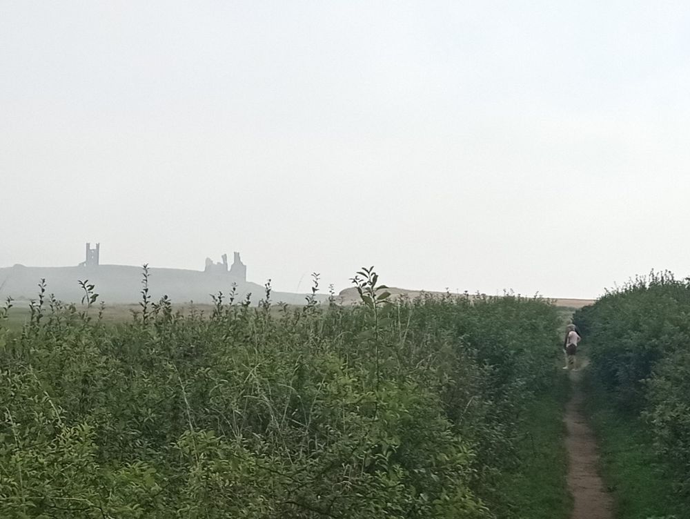 Couple on a coastal path looking at a castle
