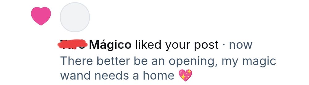 A screenshot of a notification of a like for one of Fionas posts. The notification says:

"‪[censored] Mágico‬ liked your post · now
There better be an opening, my magic wand needs a home 💖 "