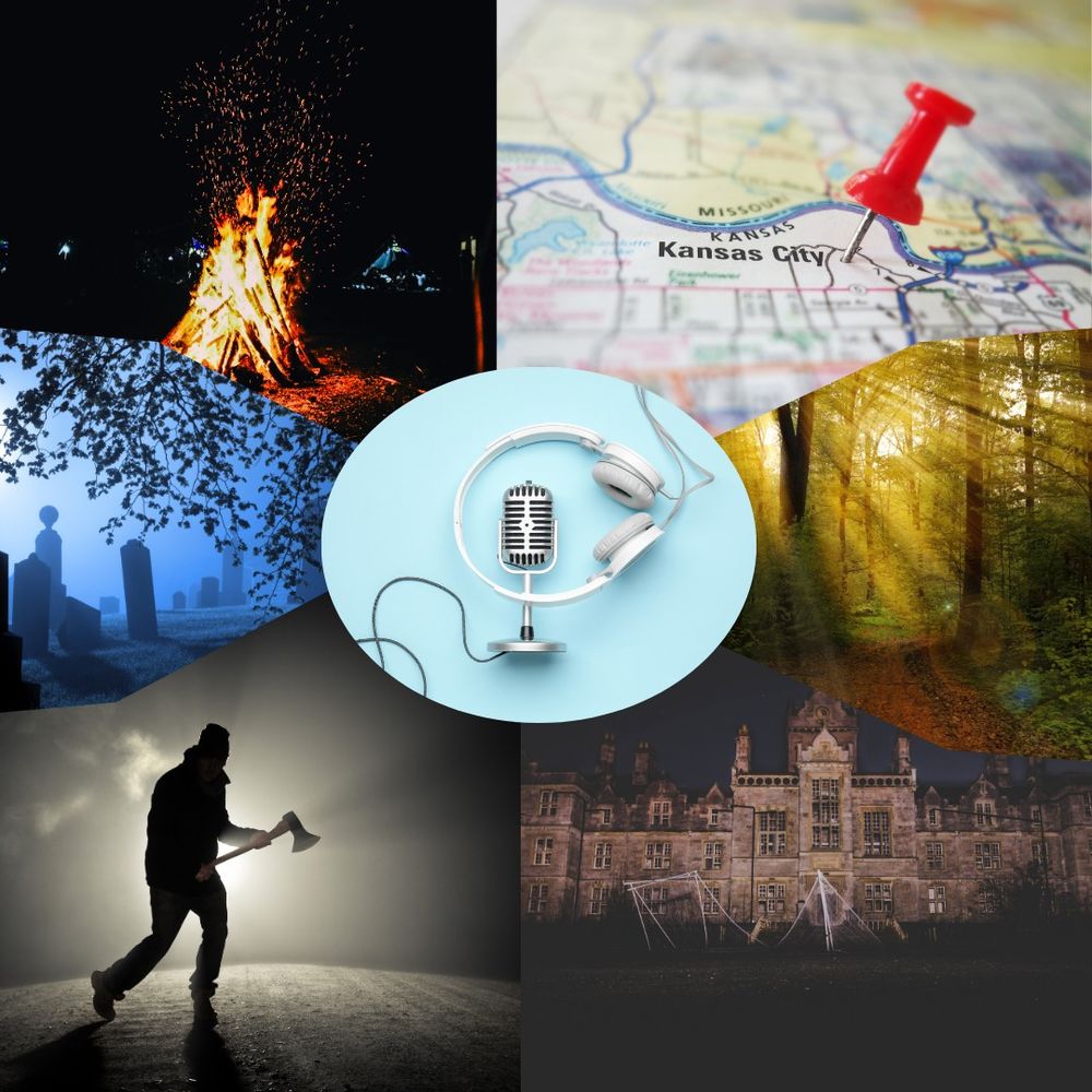 Collage of horror pictures. Clockwise from upper left corner. Campfire, map with Kansas City pinned, daytime woods, haunted house, ax murderer, graveyard at night. Center is microphone and headphones