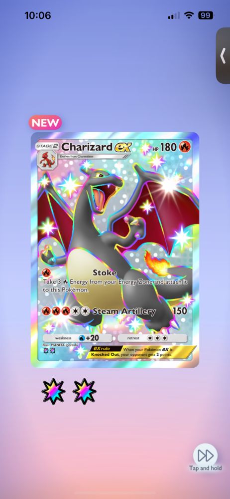 Shiny Charizard Ex from the Pokemon TCG Pocket Shining Revelry set. He’s very shiny and glittery. Kind of girlypop, even.