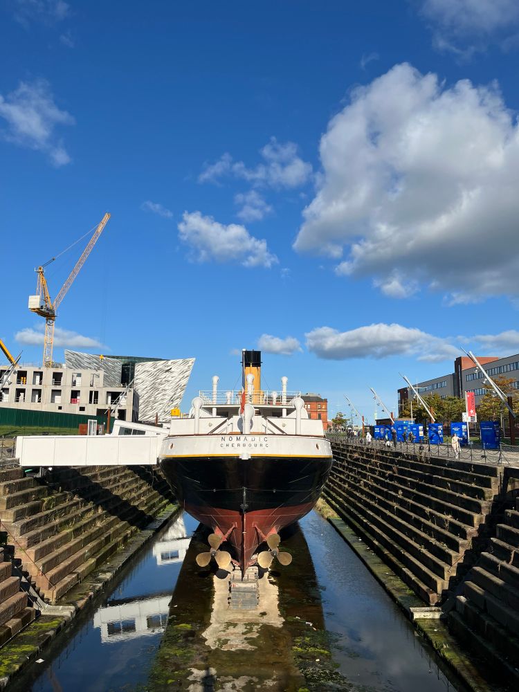 Nomadic in one of the old docks in Belfast next to the Titanic museum and the shipyard where she was built. 