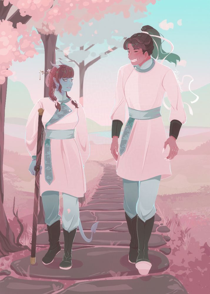 a digital drawing of two humanoid characters, one female and one male, walking next to one another down a stone path. the background is one of grassy hills, and the characters are framed by flowering trees on one side and grasses/small bushes on the other. the female character is short, blue-skinned and has small horns and a devil-like tail. her hair is braided on the sides and tied into a loop in the back. she is using a wooden cane to support herself, and looking at the male character with a small smile. the male character is tall, and looking down at the female character with a wide grin. his hair is tied back into a ponytail with a long white ribbon. both are wearing the same outfit consisting of white robes with blue-green accents, light blue trousers, a light blue sash/belt and dark boots. 