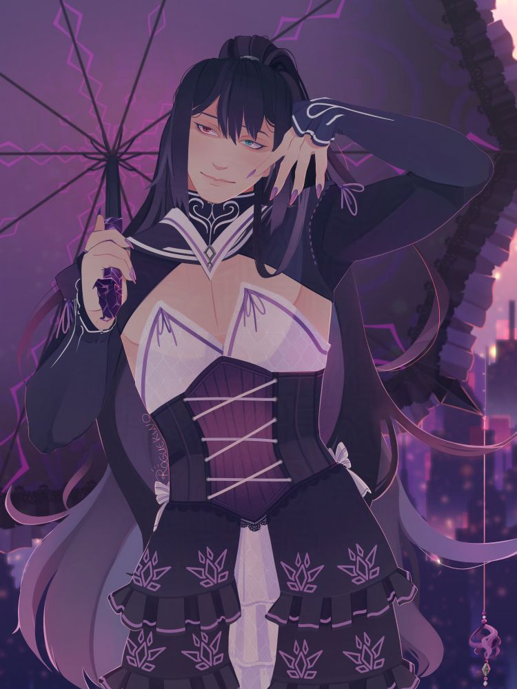 a digital drawing of hong lu from limbus company. he is wearing manchagan bloodfiend dulcinea's corset, bolero jacket and long dress. he is holding her ruffled umbrella in his right hand- leaning it over his shoulder. he is looking away from the viewer with a somewhat haughty expression. the background is an abstract, simplified cityscape.