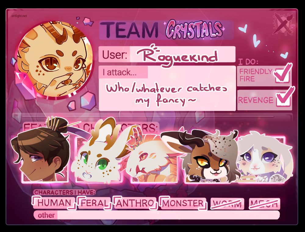 an artfight user card, themed around team crystals. it features one humanoid character and 5 anthro characters.
