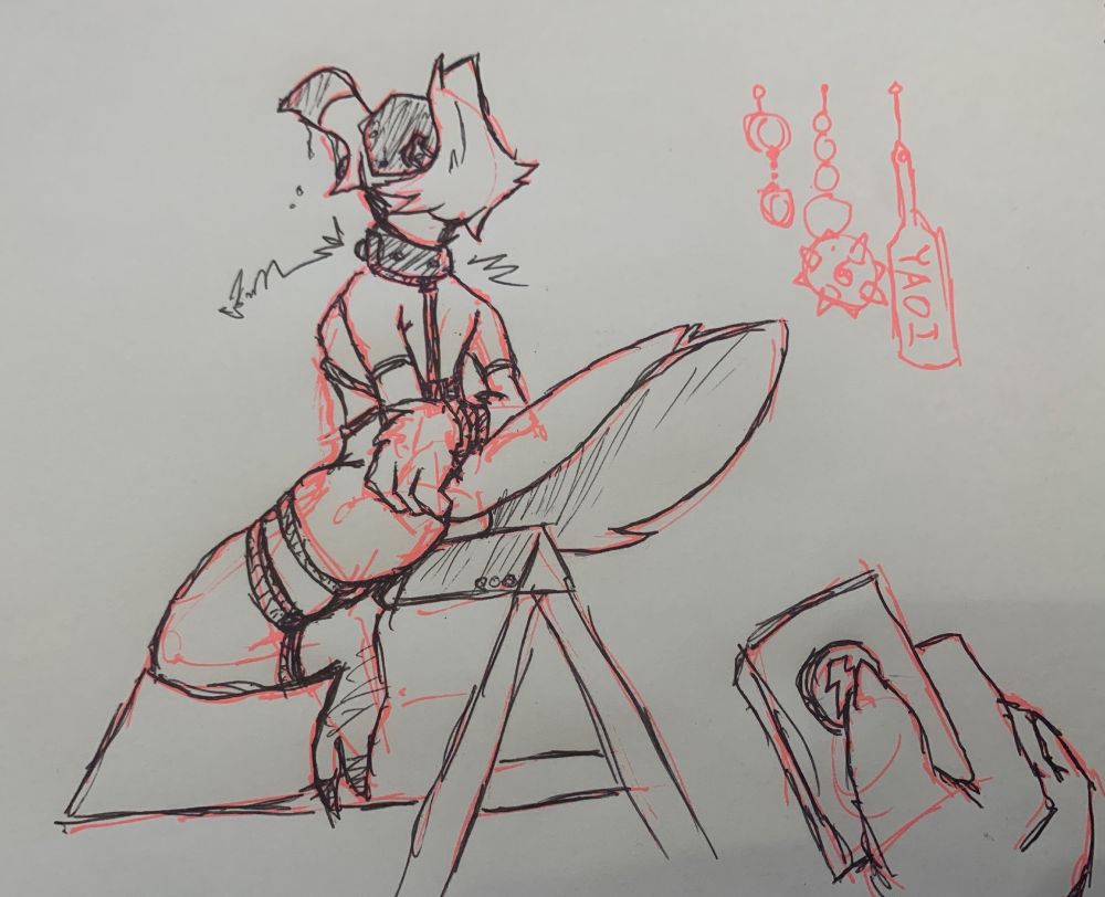 A flamingo, Ven, tied up straddling a wooden bondage horse with a blindfold over its eyes. In the foreground, a hand holds the remote for the shock collar around its neck.