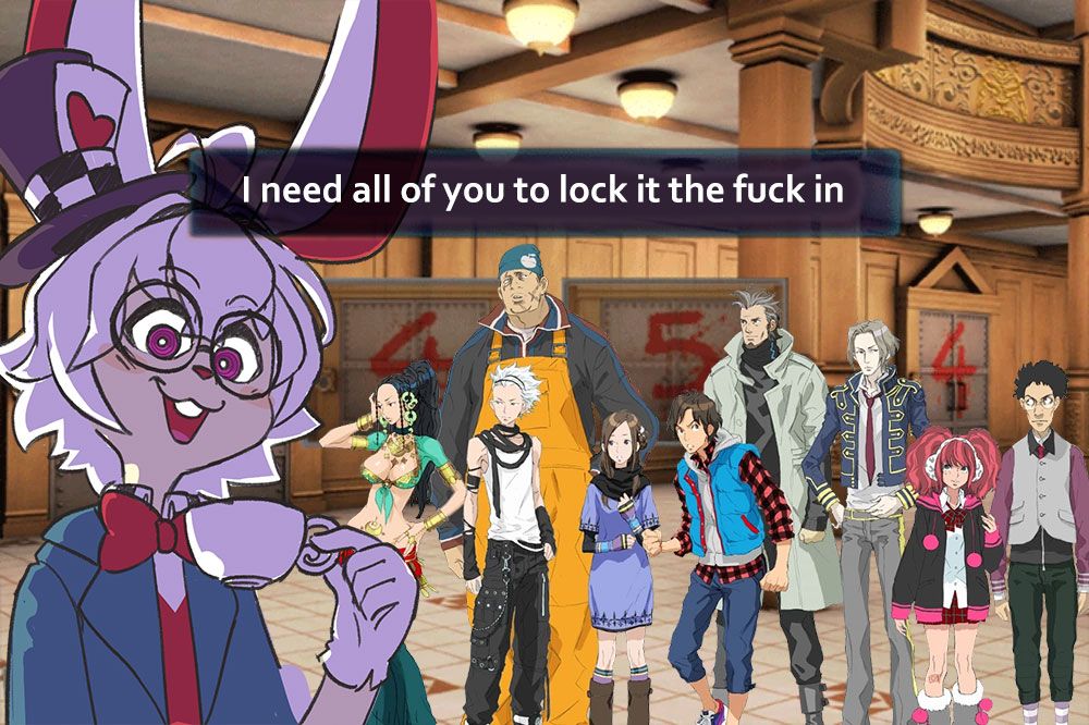 The cast of 999 in front of two doors labelled 4 and 5, with bun in the foreground saying "I need all of you to lock it the fuck in".