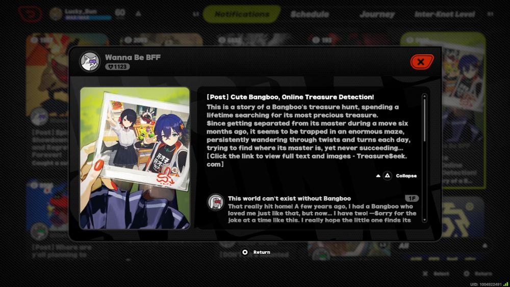 A screenshot from Zenless Zone Zero's fictional in-game message board. The post reads: "[Post] Cute Bangboo, Online Treasure Detection!

This is a story of a Bangboo's treasure hunt, spending a lifetime searching for its most precious treasure.

Since getting separated from its master during a move six months ago, it seems to be trapped in an enormous maze, persistently wandering through twists and turns each day, trying to find where its master is, yet never succeeding...

[Click the link to view full text and images - TreasureSeek. com]"