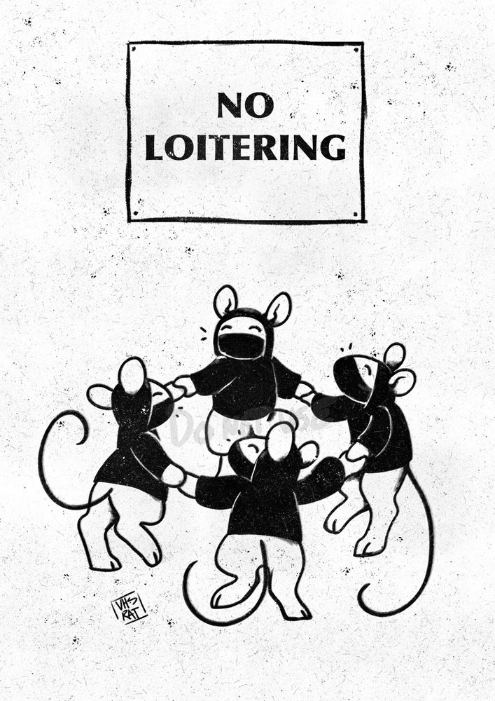 a black and white image depicts four happy white rats in black hoodies and balaclavas dancing in a circle underneath a sign which reads "no loitering"