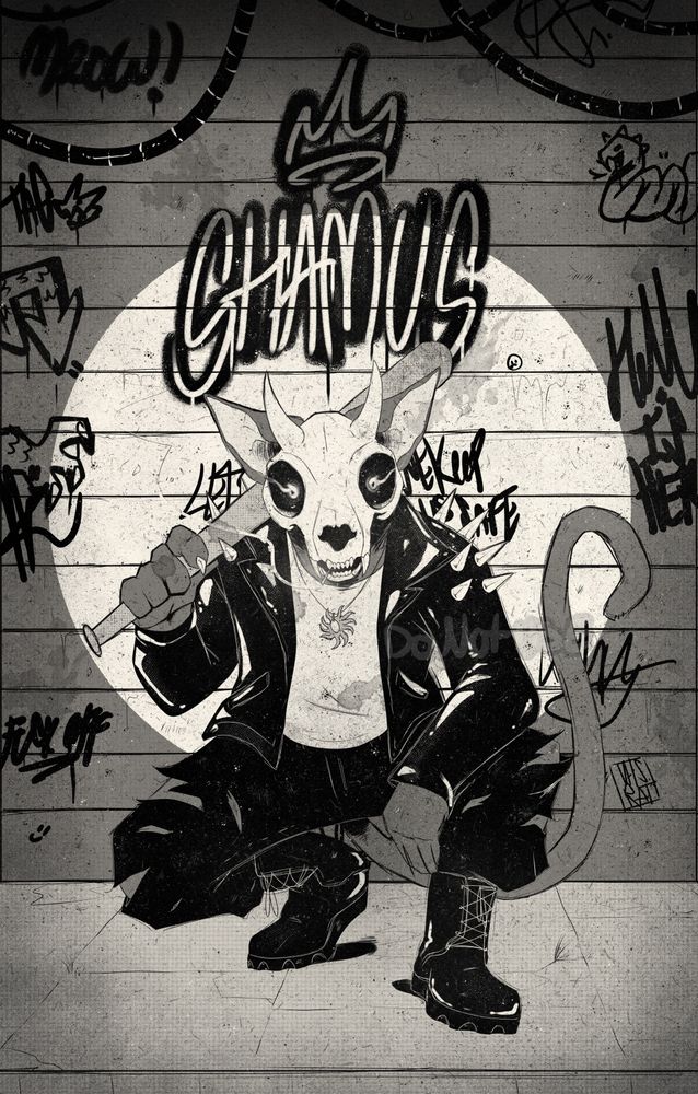 A grungy textured, monochrome image depicting an anthropomorphic sphinx cat with a horned skull for a face is squatting in front of a heavily graffitied shutter. The cat is wearing a spiky biker jacket, a white shirt, ripped black jeans and combat books. They're holding a baseball bat and there is a smoking cigarette in their mouth.