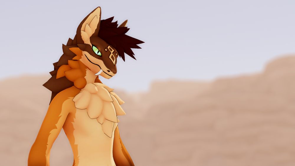 Nightstalker public model, a combination of a rattlesnake and a coyote, in VRChat posing for the camera. There is a rocky desert in the background. It has a shorter mane than before.