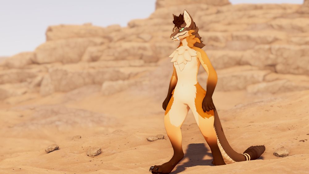 Nightstalker public model, a combination of a rattlesnake and a coyote, in VRChat posing for the camera. There is a rocky desert in the background. It is standing at an angle to the camera, stanced forwards.