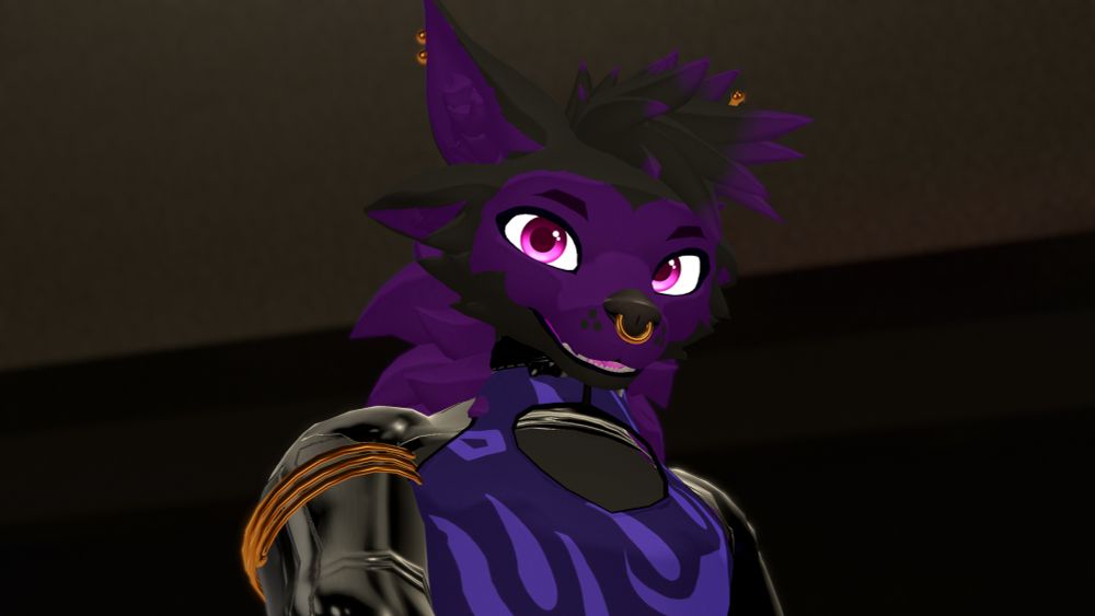 Headshot of purple goo dog, Lusky.