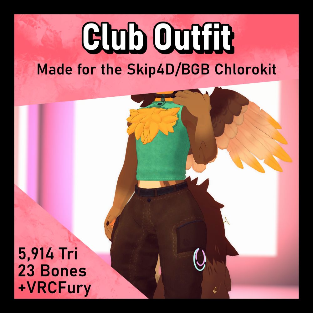 Thumbnail for the Chlorokit Club Outfit. Text reads:
Club Outfit
Made for the Skip4D/BGB Chlorokit
5,914 Tri
23 Bones
+VRCFury
