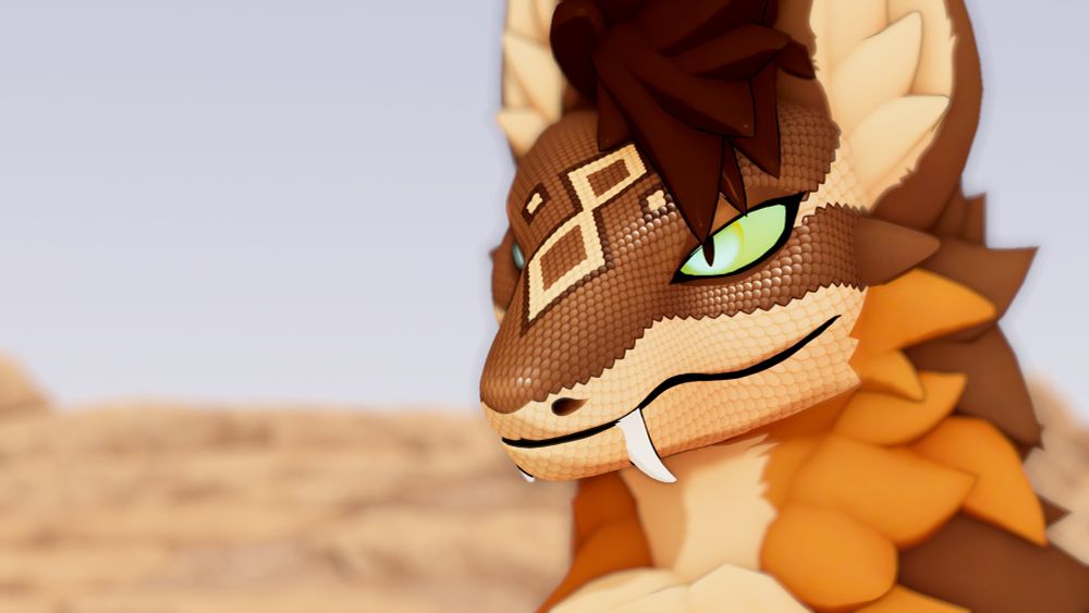 Close up headshot of the nightstalker public model, a combination of a rattlesnake and a coyote, in VRChat posing for the camera. There is a rocky desert in the background. It has a shorter mane than before.
