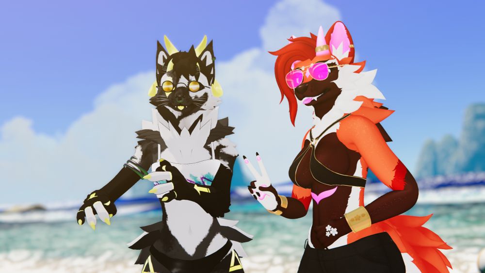 My maned wolf hellhound, Eva, with hellcat, Salem, on a beach with waves and a rocky shore behind her. She is wearing lightweight beach attire with Salem wearing similar attire.