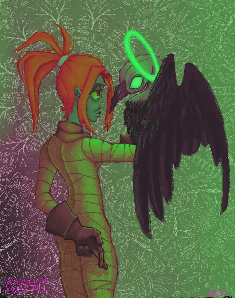 a drawing of Melancholy from the show Gaslight District holding a crow (or angel) on her forearm, her back to the camera, only partially showing her face. Her free hand is behind her back and crossing her index and middle fingers, a symbol of lies. The angel looks at her intently as she gazes back with tired eyes. A slight little black blood smears across her nose. The background is decorated with many drawings mimicking inscriptions with many different things related to the show, such as bugs, heaven, the angels egg and the rotlings. The whole drawing is shrouded in a greenish light.