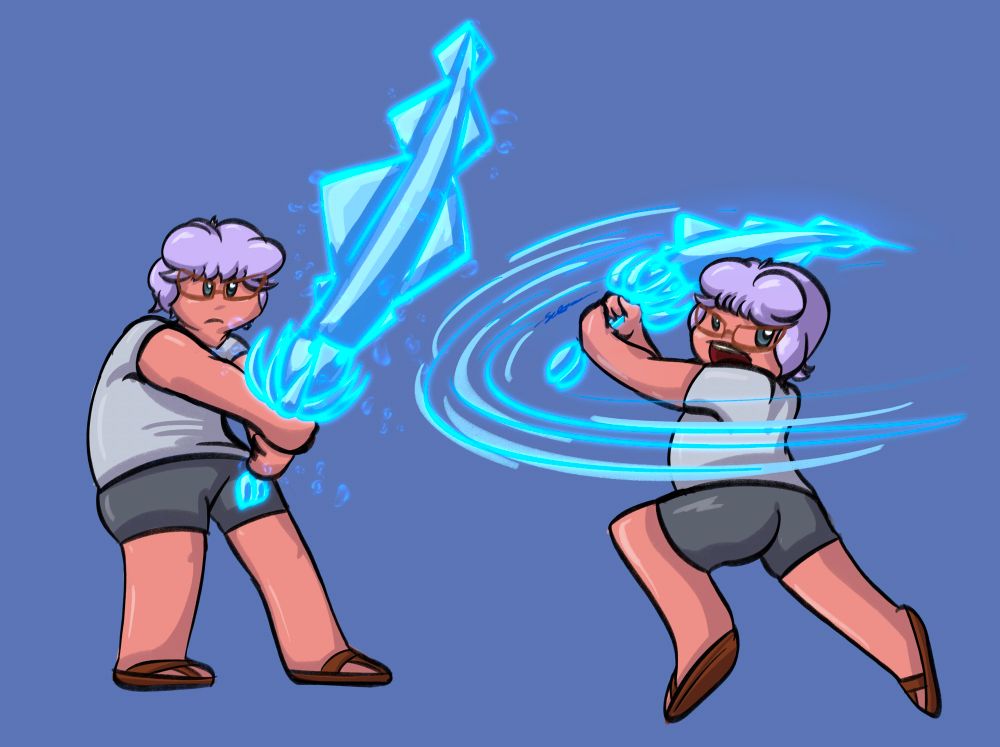 Two illustrations of Asto holding a long blue katana/gladius esque sword evoking the image of a squid. It is made of pressurized water. Asto is seen both brandishing the weapon and swinging it.