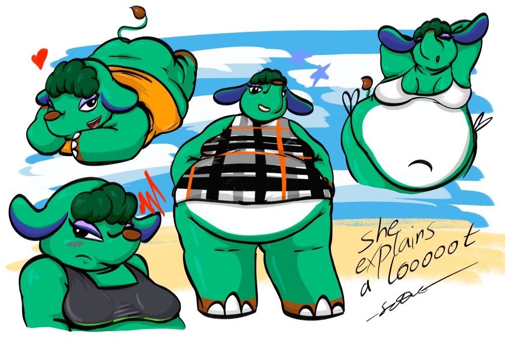 Multiple drawings of Opal from Animal Crossing. Seen playfully lying on her tummy with a wink, sneering at something offscreen, standing proudly and smiling to the viewer, and posing in a bikini. Text in the bottom right corner states “she explains a looooot”.