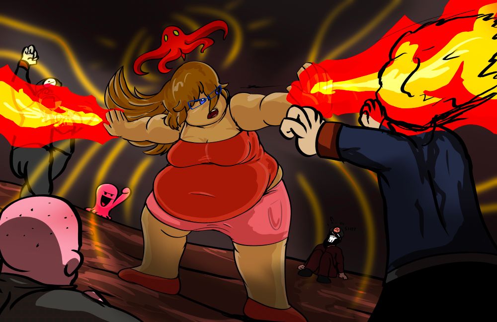 Val ferociously fighting off a group of fascistic soldiers trying to attack her by scorching their bodies with flames. The flor de maga she normally wears on her head has become a floating octopus-like idol imbuing her with immense power. As some of the soldiers cower in fear or are bound to the floor, Squirm cheers Val on in the background.