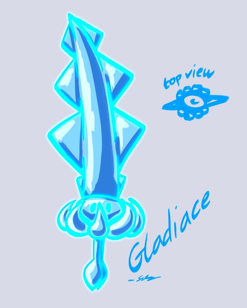 Images of the front and top view of the Gladiace sword, a long sword made of pressurized water molded into the shape of a squid. It curves slightly like a katana. Its sharp edges resemble the fluttering fins of a squid. The hand guard between the blade and the grip resembles eight curled up tentacles, while the two longer ones act as the grip.