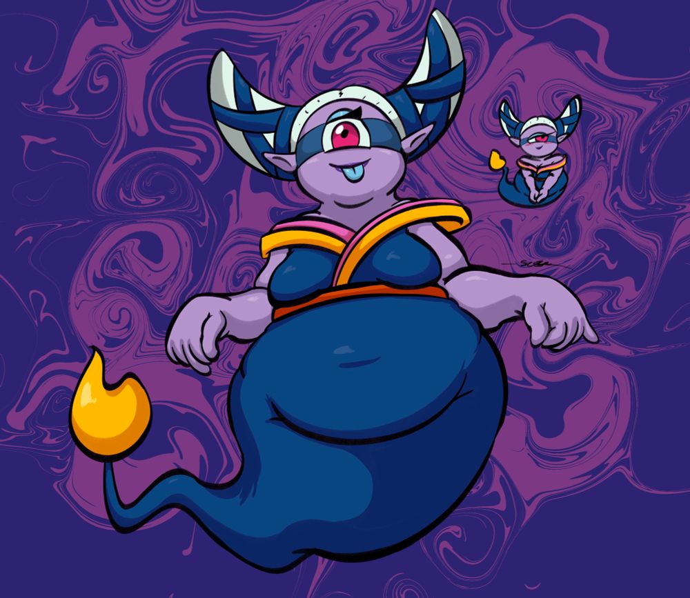 Insomni from Yo-kai Watch. She floats in place,  cutely sticking her tongue out while outlined by a swirling aura in the background. A smaller doodle depicts her again, in her standard pose, looking to her side flirtatiously.