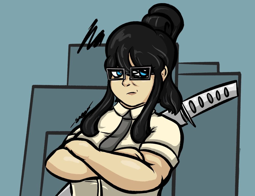 Bust view of Mizuno Toyashi, an original character by @whoopbeanmora. She looks a little grumpy, crossing her arms and looking to the side with a frown. She’s wearing an office jacket, but has a sheathed iai blade attached to her back.