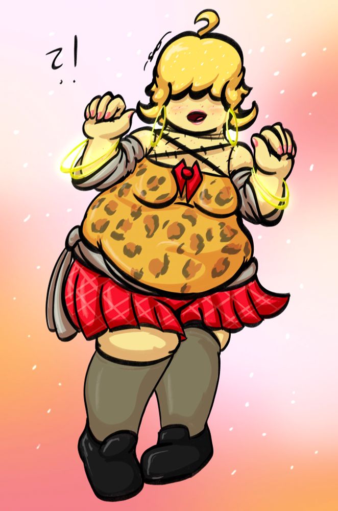 Stacy seen in gyaru getup, including a leopard-print tank top, plaid red skirt, gray kneesocks and black tap shoes, and shining golden hoop earrings and bracelets. Her hair is bleached blonde, and she appears to be taken aback at her now dolled-up appearance, but not exactly displeased by it.
