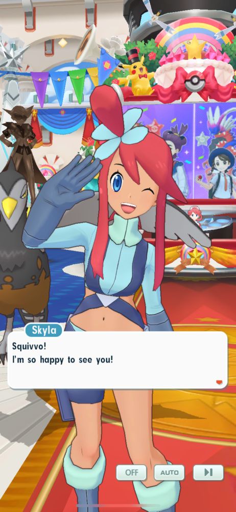 screenshot of Pokémon masters EX of Skyla saying “Squivvo! I’m so happy to see you!”