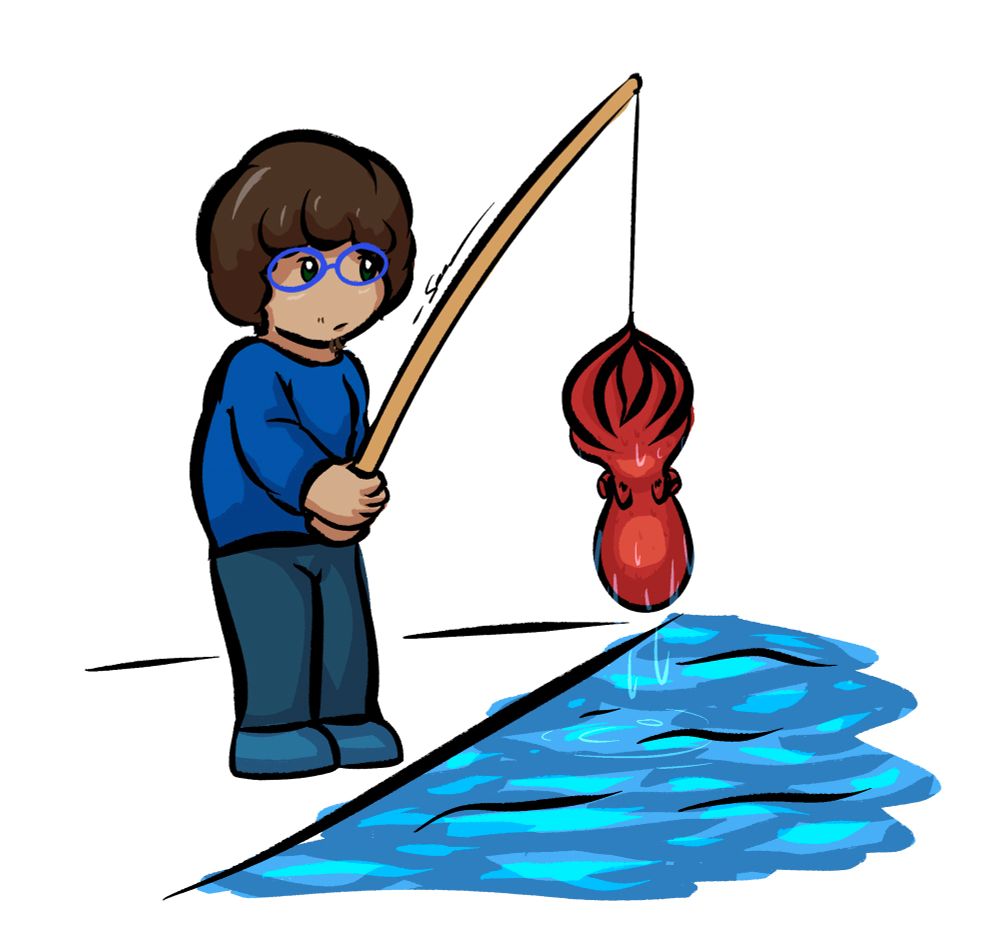 Illustration of sona fishing up an octopus out of a body of water.
