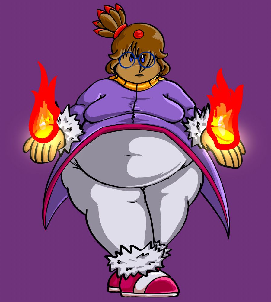 Illustration of Val dressed as Blaze the Cat from Sonic the Hedgehog. She holds out her arms proudly channeling two flames from her hands.